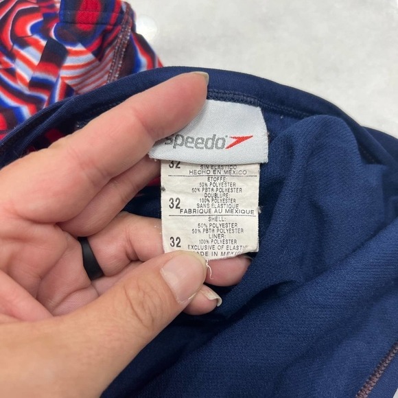 SPEEDO ENDURANCE Cubicle Plus Flyback USA Swimsuit Polyester Navy Red White S - Picture 7 of 8